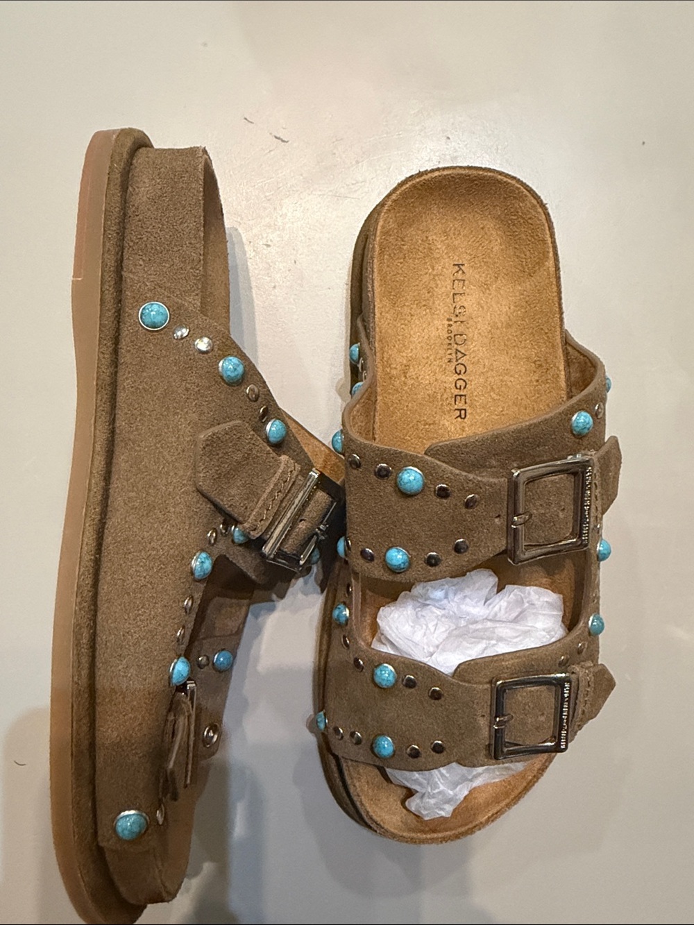 Kelsi Dagger Brown Suede Slide Sandals with Turquoise Studs